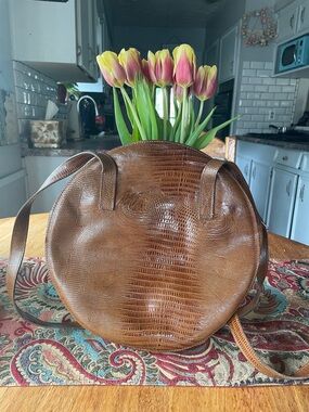Round Croc-Embossed Brown Leather Crossbody Bag